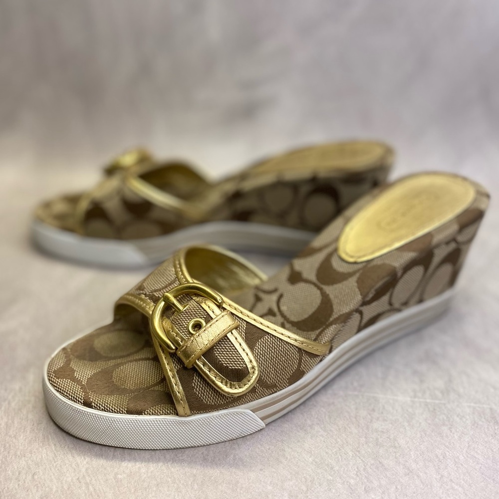 Coach Shoes Perry beige Monogram buckle Wedge Sandals Shoes.